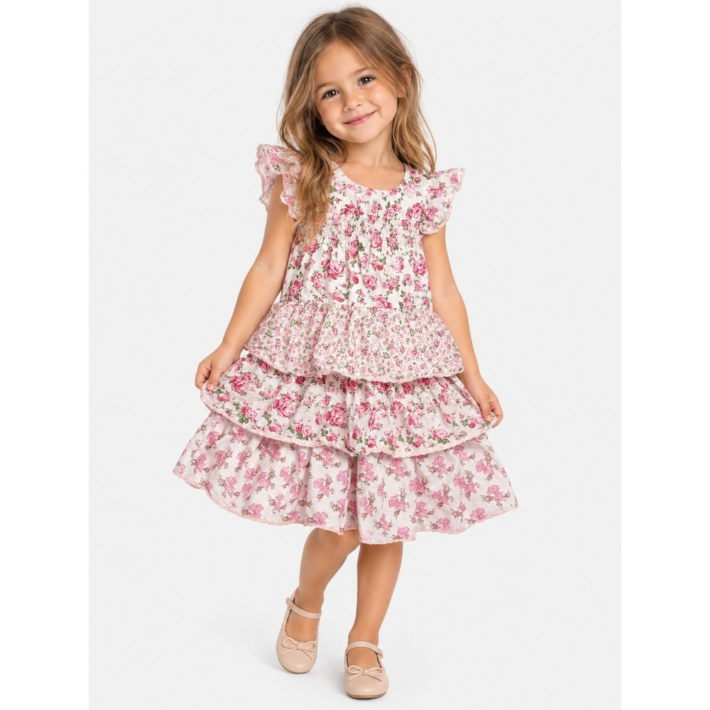 American Girl x LoveShackFancy Girls Pink Floral Tiered Cotton Dress Size 4